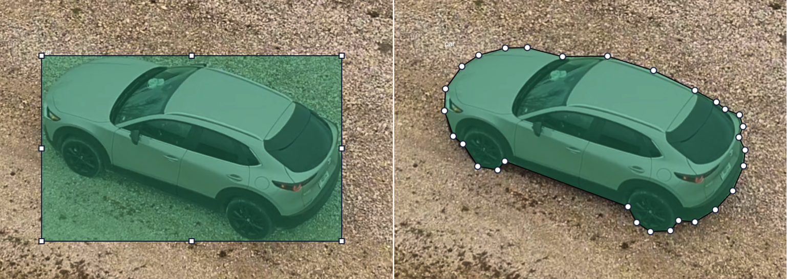 Side by side example of same vehicle outlined using a bounding box vs a polygon