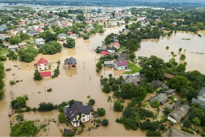 An image of a flood disaster in a residential area