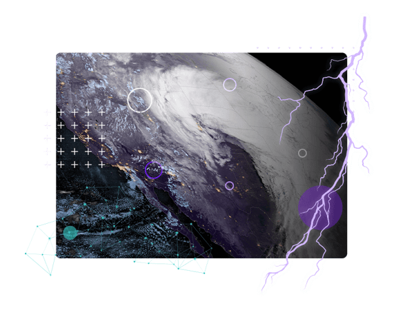 A satellite image of North America mapping storms and lightning strikes